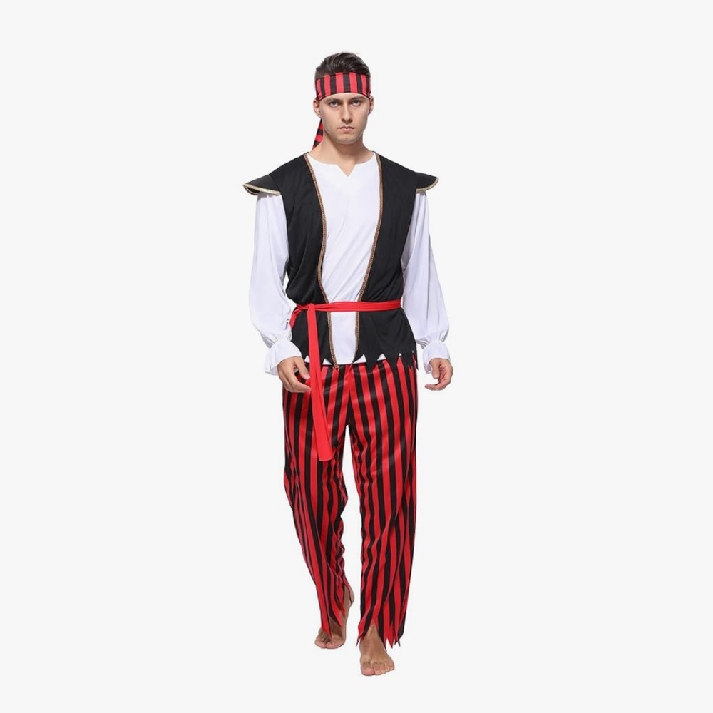 Wizland Adult Men’s Pirate Red and Black Striped Costume